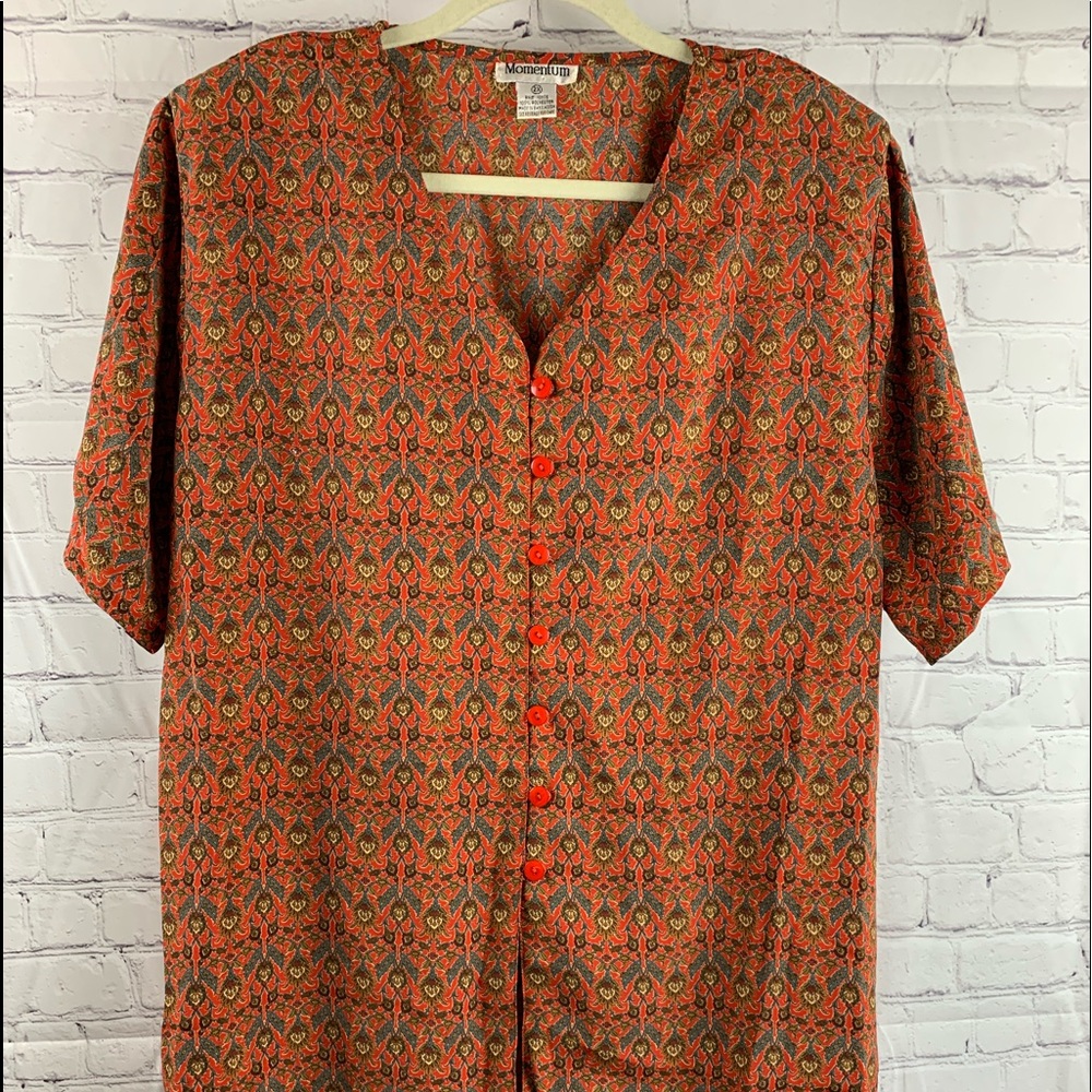 VINTAGE MOMENTUM Blouse 1960’s Red Floral & Geometric Print